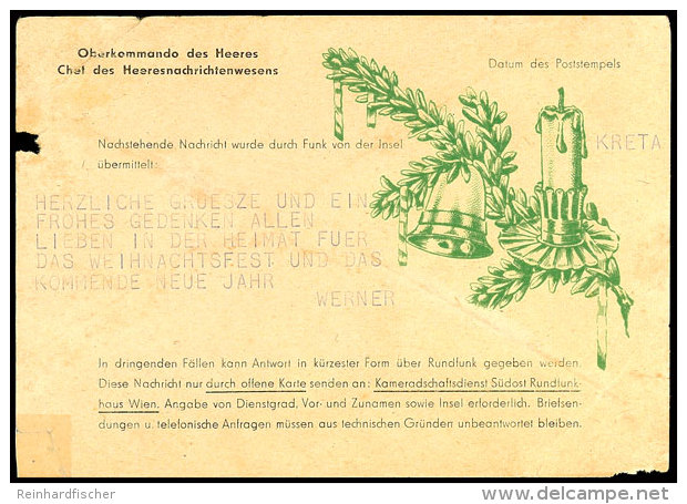 1944, FUNKNACHRICHTENKARTE KRETA Mit Tannenzweigaufdruck, Gebraucht Aus BERLIN SW 11 27.12. Mit Gru&szlig;text Und... - Autres & Non Classés