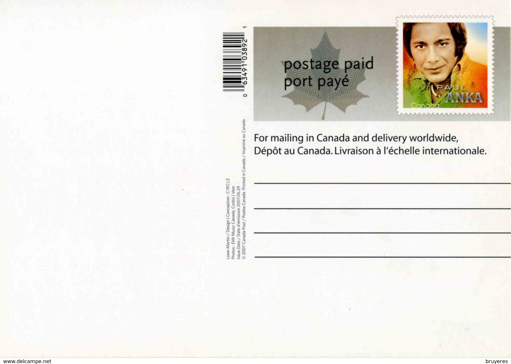 Entier Postal De 2007 Sur Carte Postale Avec Timbre Et Illust. "Artistes Canadiens De La Chanson : PAUL ANKA" - 1953-.... Règne D'Elizabeth II