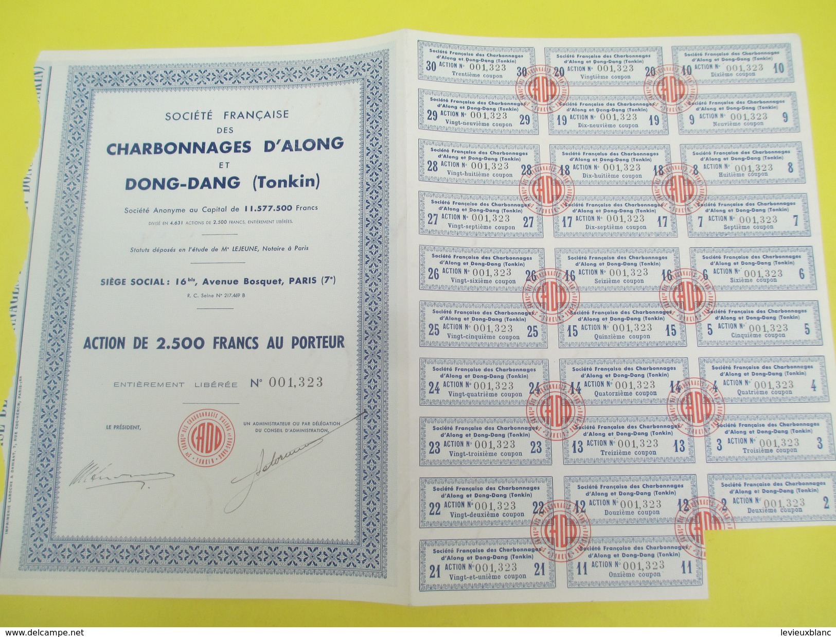 Société Fr Des Charbonnages D'Along Et Dong-Dang/S.A./Action 2500 Francs Au Porteur/Indochine/Paris/Vers 1950    ACT147 - Asia