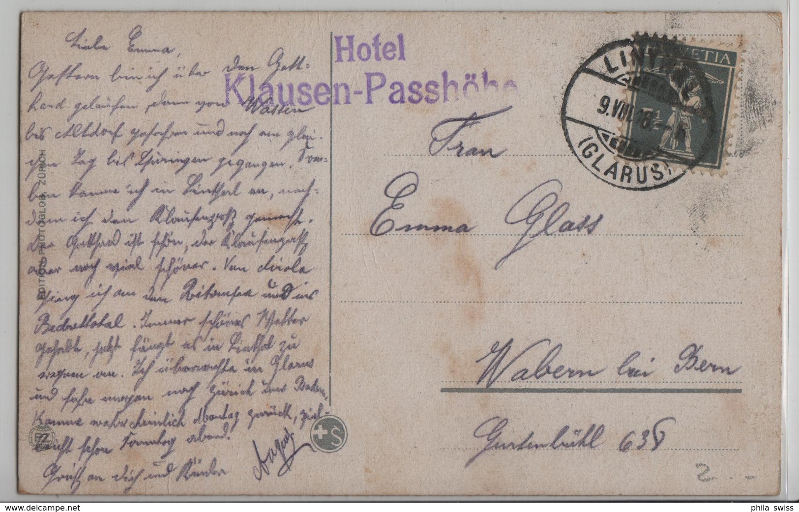 Klausenstrasse - Hotel Klausen-Passhöhe (1838 M) - Stempel Linthal - Linthal