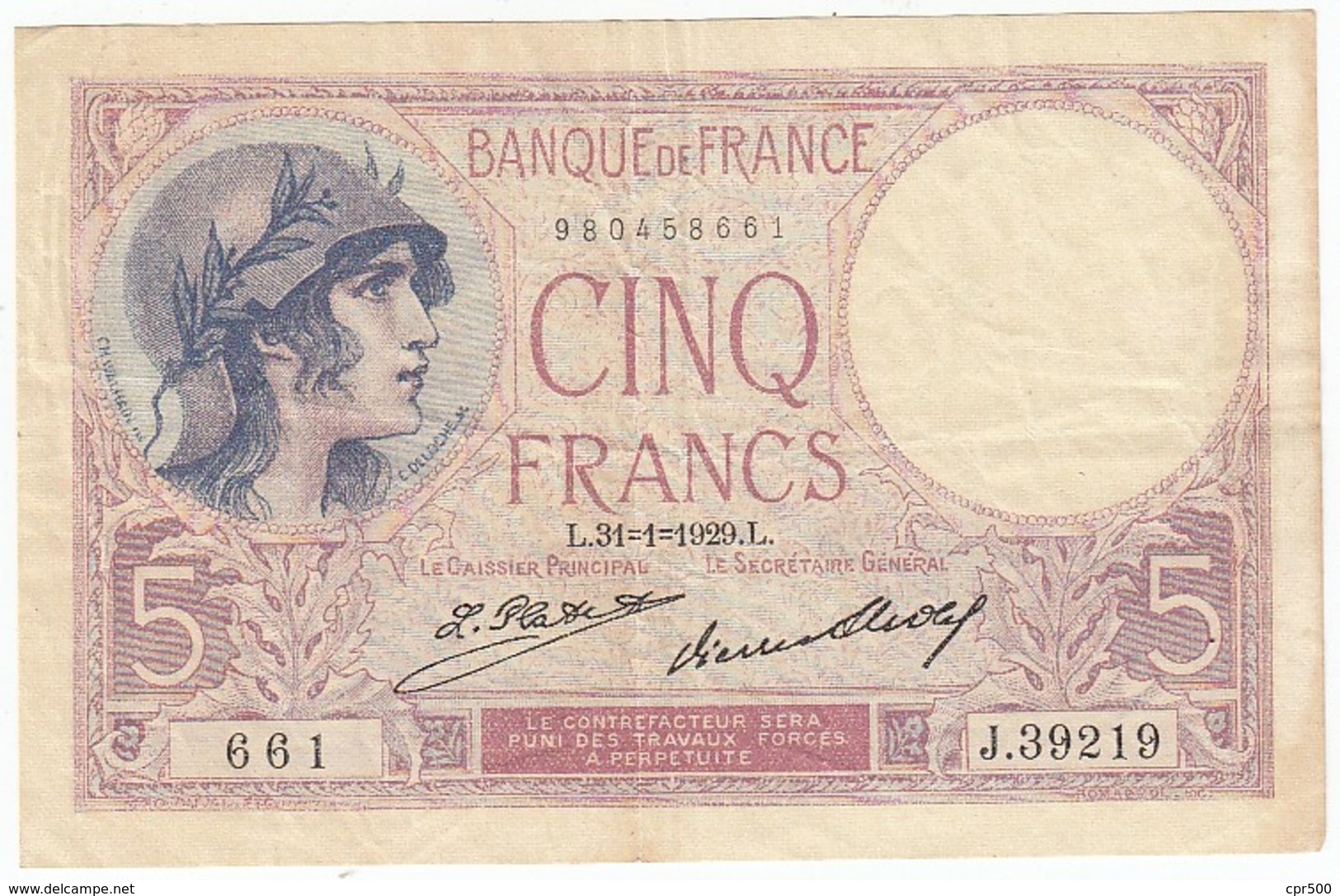 5 Francs, Violet Type 1917, P.72, F3/13, J.39219, 31/01/1929, TTB - 5 F 1917-1940 ''Violet''