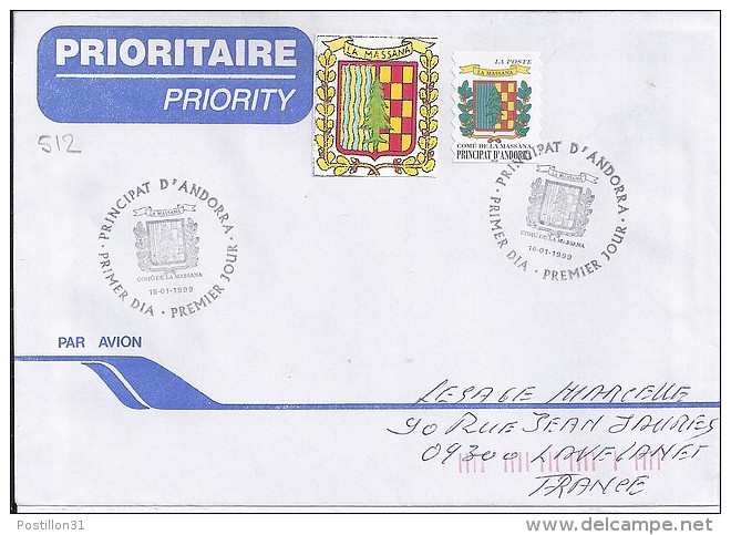 TP N° 512 SUR LETTRE  1° JOUR DU 16.1.99 POUR LA FRANCE - Briefe U. Dokumente