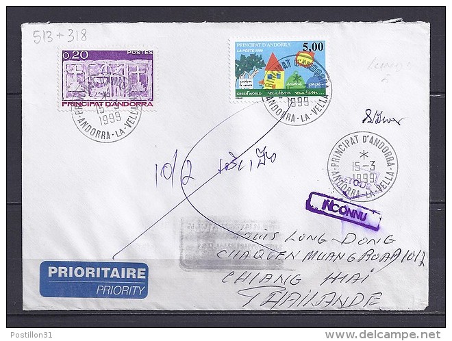 TP N° 513+318 SUR LETTRE DU 15.3.99 POUR LA THAILANDE - Covers & Documents