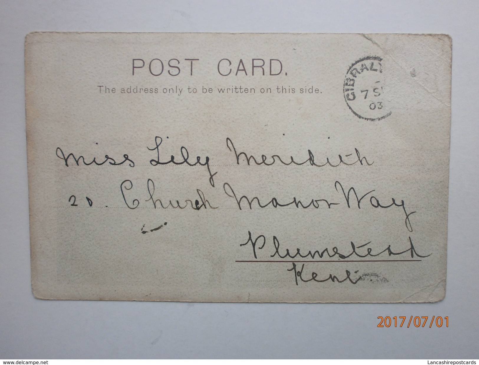 Postcard Genealogy Lily Meridith Church Manor Way Plumstead Kent PU Gibraltar 1903  Undivided Back My Ref B11421 - Genealogie