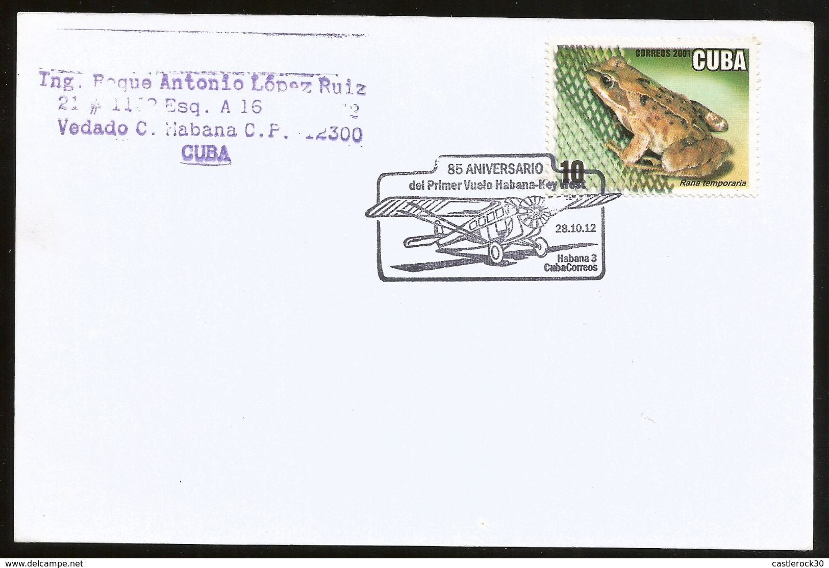 J) 2012 CUBA-CARIBE, 85TH ANNIVERSARY OF THE FIRST FLIGHT HAVANA, TEMPORARY FROG, AIRPLANE, SOUVENIR CARD - Covers & Documents