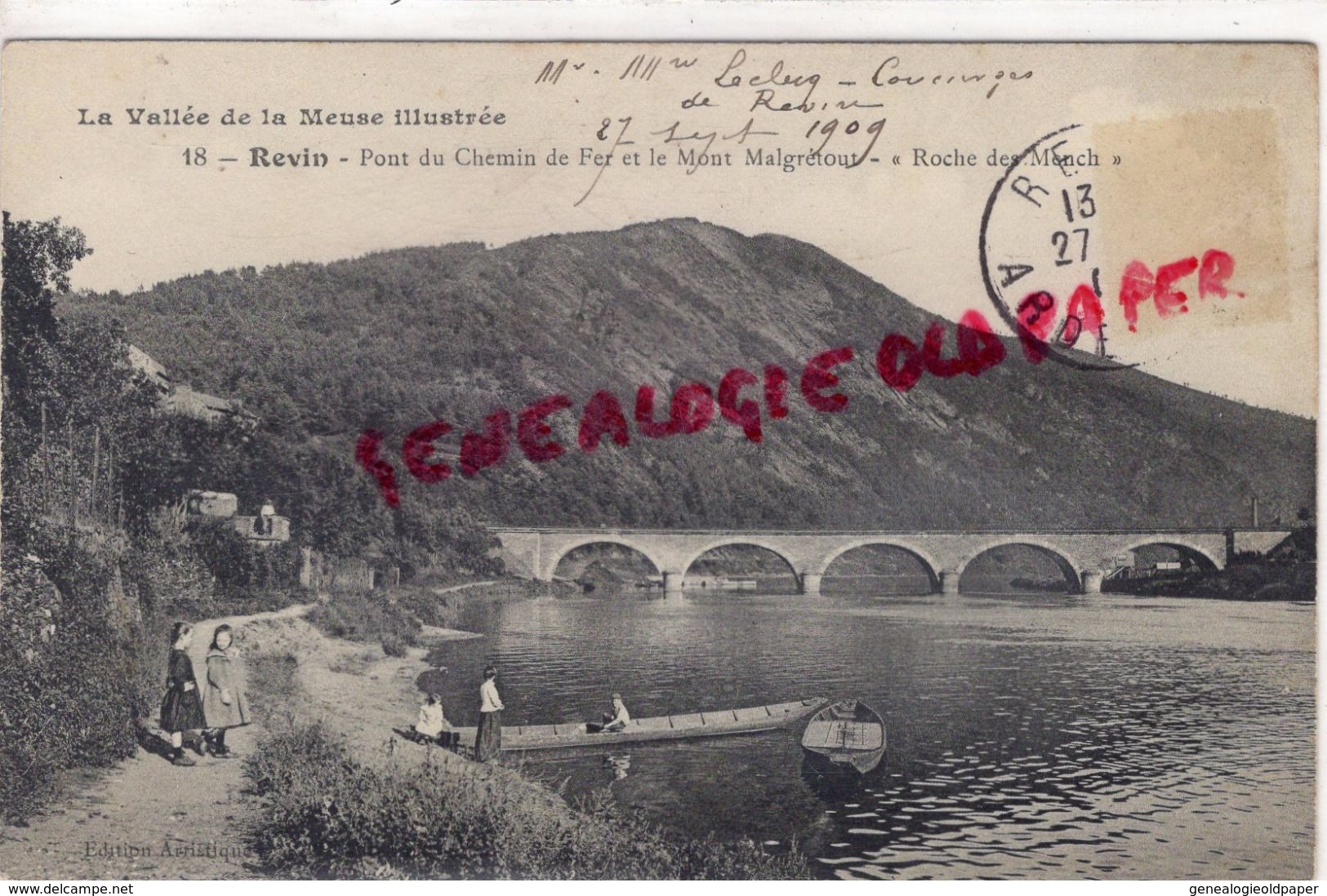 08 - REVIN - PONT DU CHEMIN DE FER ET LE MONT MALGRETOUT - ROCHE DES MENCH - 1909 - Revin