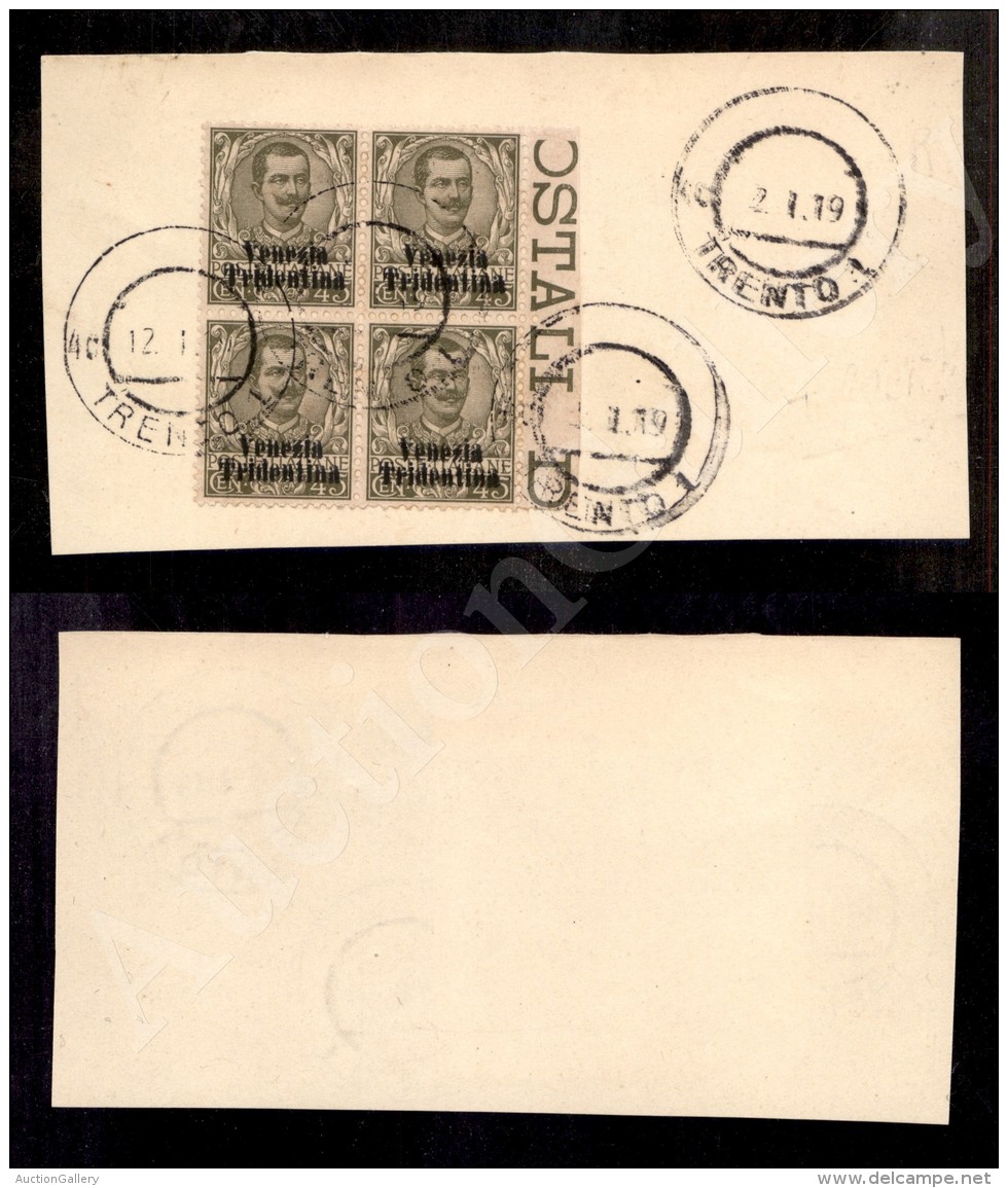 1918 - 45 Cent (25) - Tripla Soprastampa In Quartina Bordo Foglio Su Frammento - Non Catalogata - Other & Unclassified