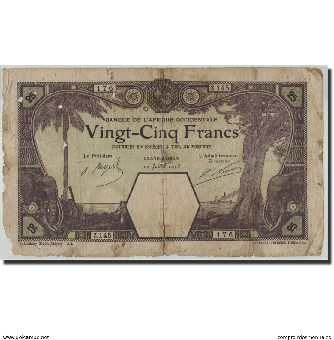 Billet, French West Africa, 25 Francs, 1923, 1923-07-12, KM:6d, AB+ - Sonstige – Afrika