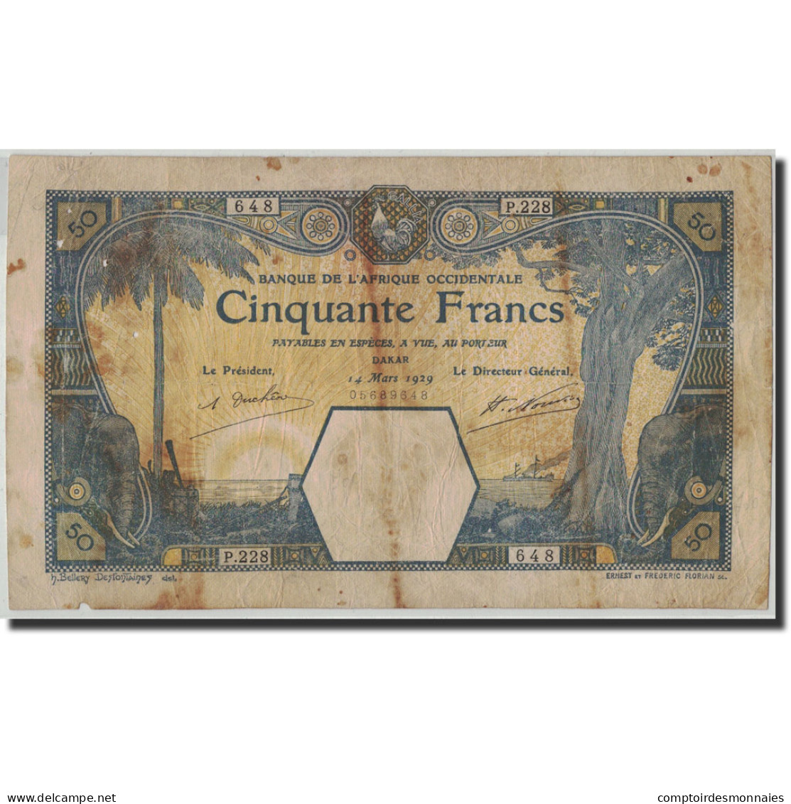 Billet, French West Africa, 50 Francs, 1929, 1929-03-14, KM:9Bc, B - Sonstige – Afrika