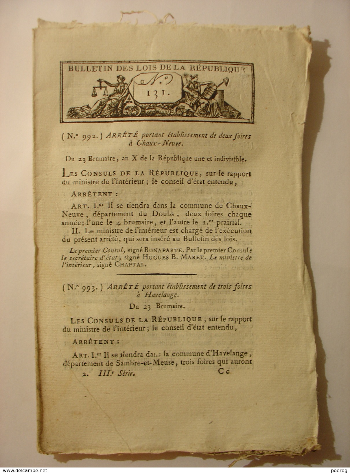 BULLETIN DE LOIS N°131 De 1801 - FOIRES CHERBOURG BOURSE COMMERCE MINE SOLEILMONT FARCIENNES UNIFORME DOUANES TABAC - Decrees & Laws