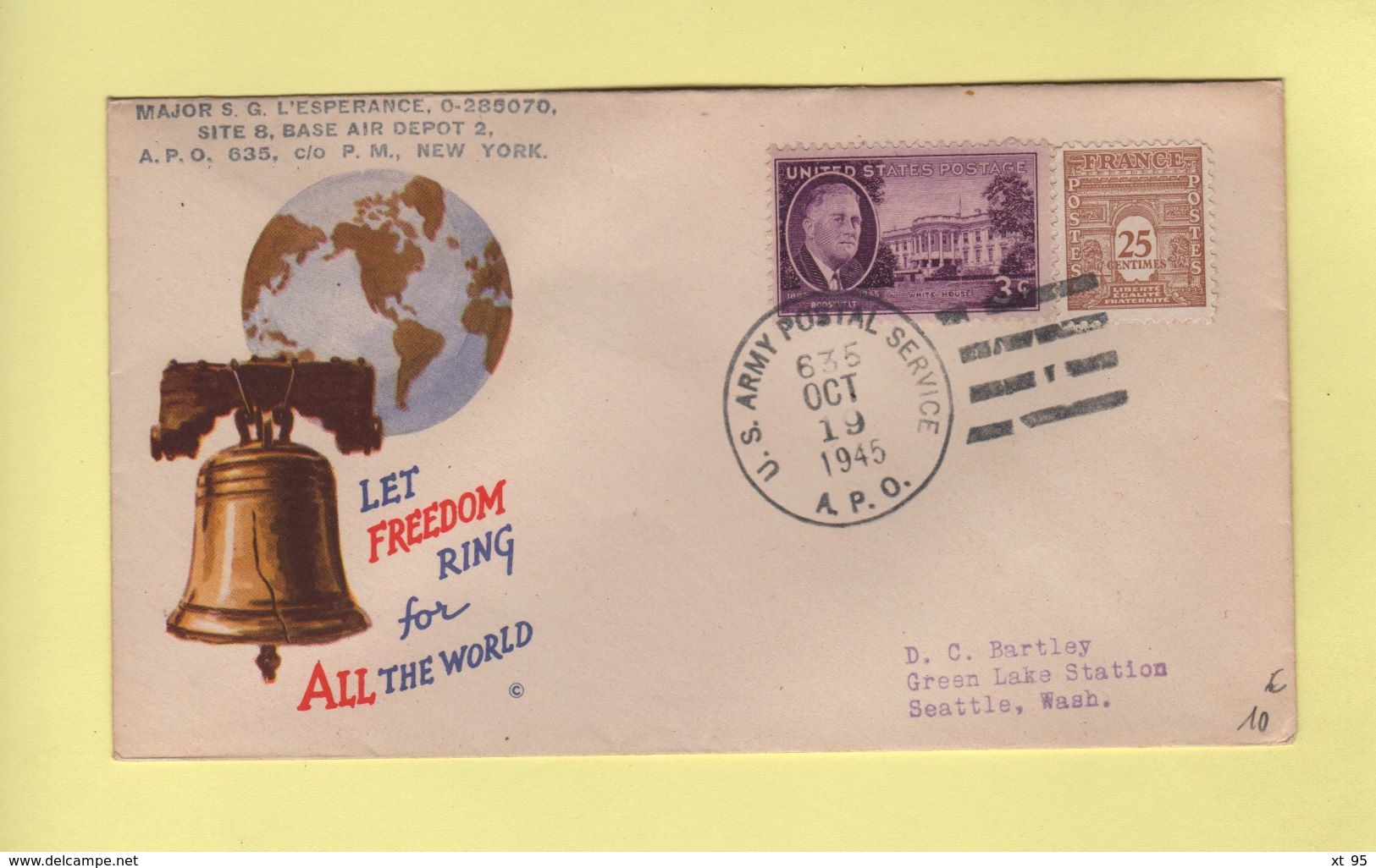 APO 635 - US Postal Army Service - 19 Oct 1945 - Mixte US France - Let Freedom Ring For All The World - Guerre De 1939-45