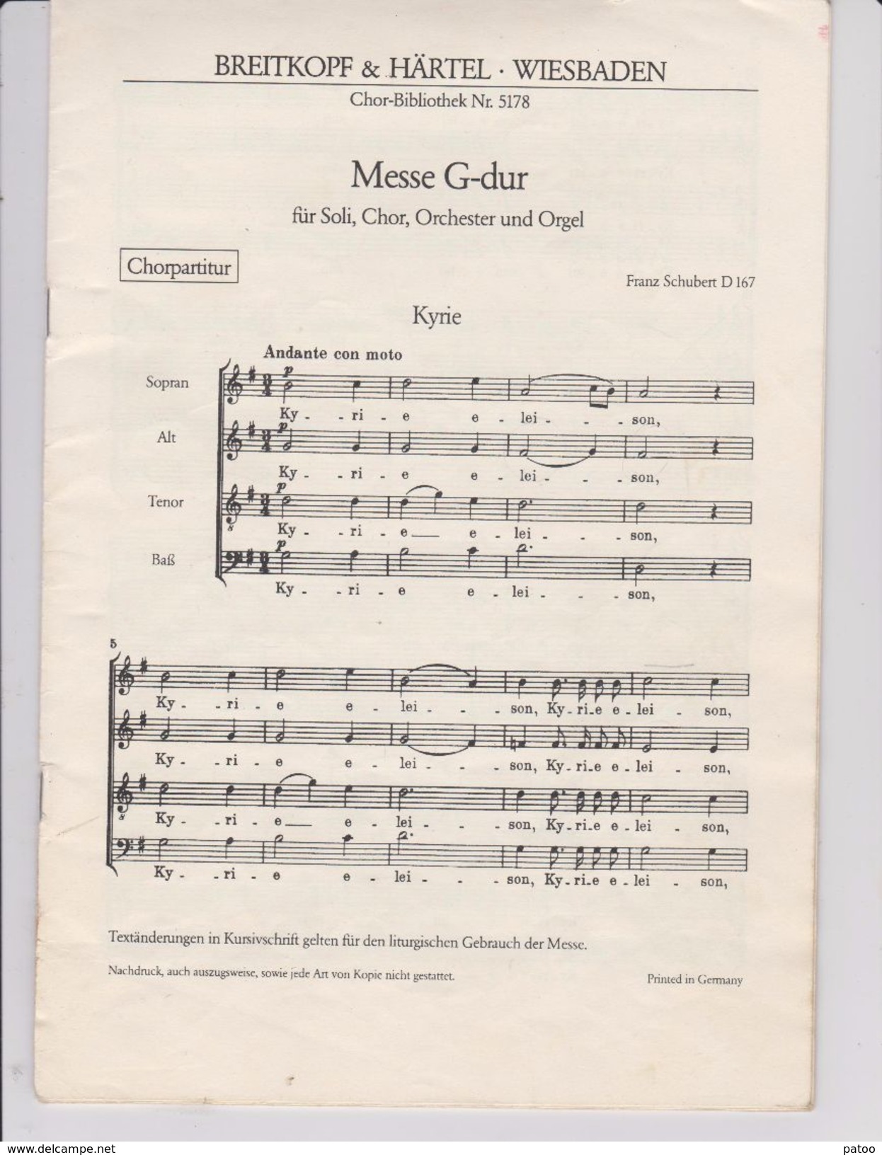 PARTITION  MESSE G-DUR  FRANZ  SCHUBERT D 167 POUR SOPRANO,ALTO,TENOR ET BASSE - Chant Chorale