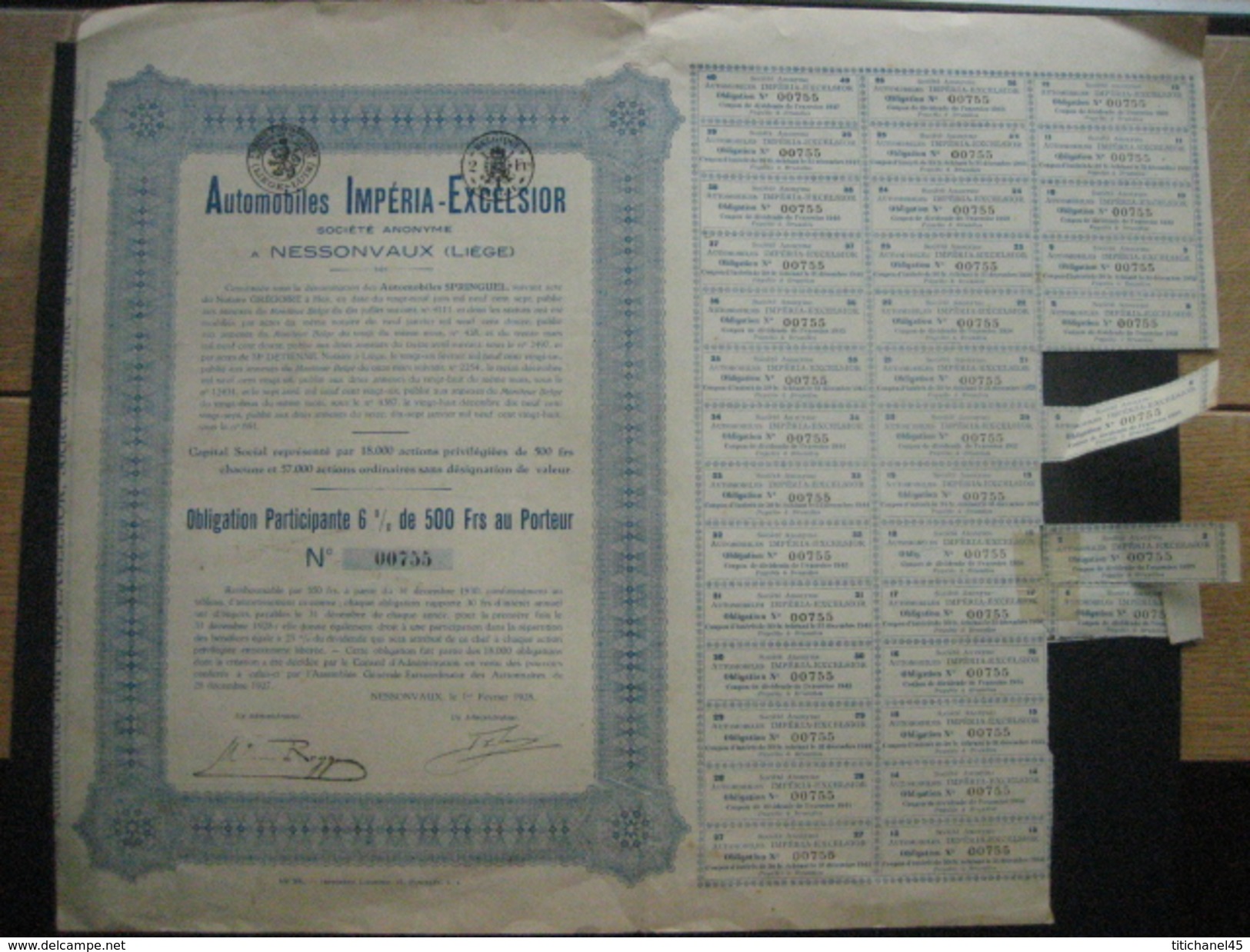 Action 1928 NESSONVAUX - AUTOMOBILES IMPERIA-EXCELSIOR - Obligation De 500 Frs Au Porteur - Automobil