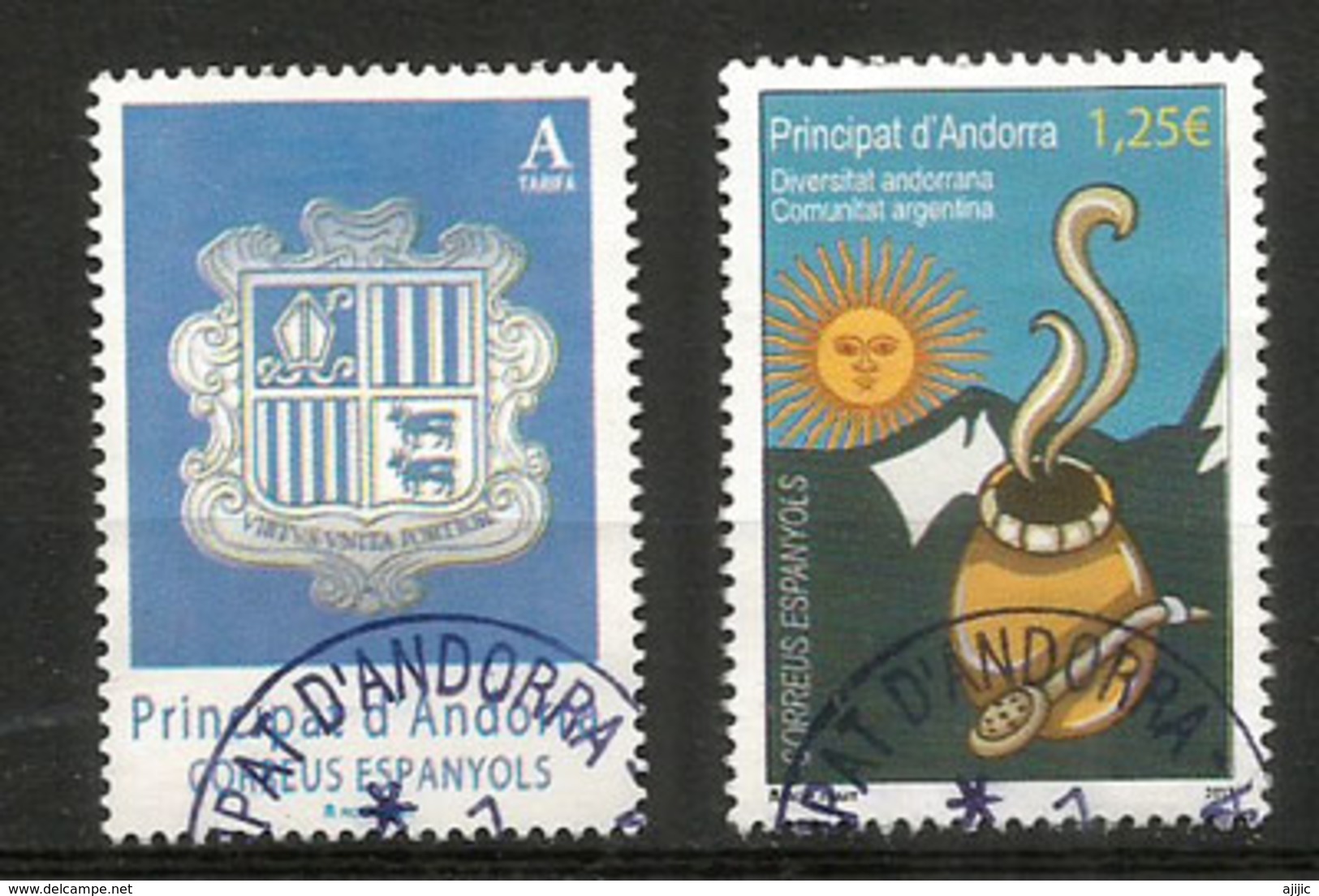 Homenaje A La Comunidad Argentina En Andorra.  2 Timbres Oblitérés 1 ère Qualité - Usati