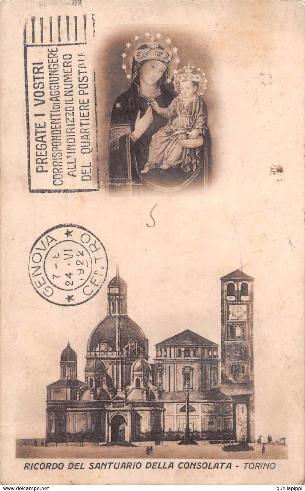 D6204 "TORINO - RICORDO DEL SANTUARIO DELLA CONSOLATA" ICONA. CART  SPED 1922 - Églises