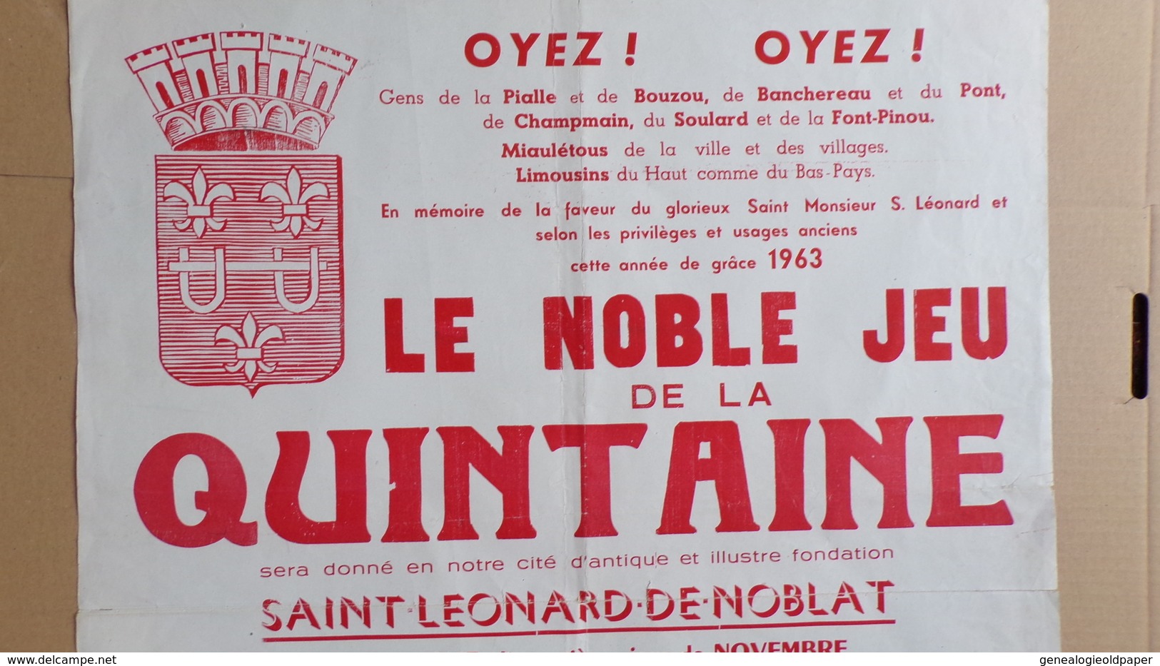 87 -ST SAINT LEONARD NOBLAT-AFFICHE LE NOBLE JEU QUINTAINE 1963-RENE MOULINJEUNE-CHARLES MONTGEOFFRE-JACQUES ROUGERIE - Affiches