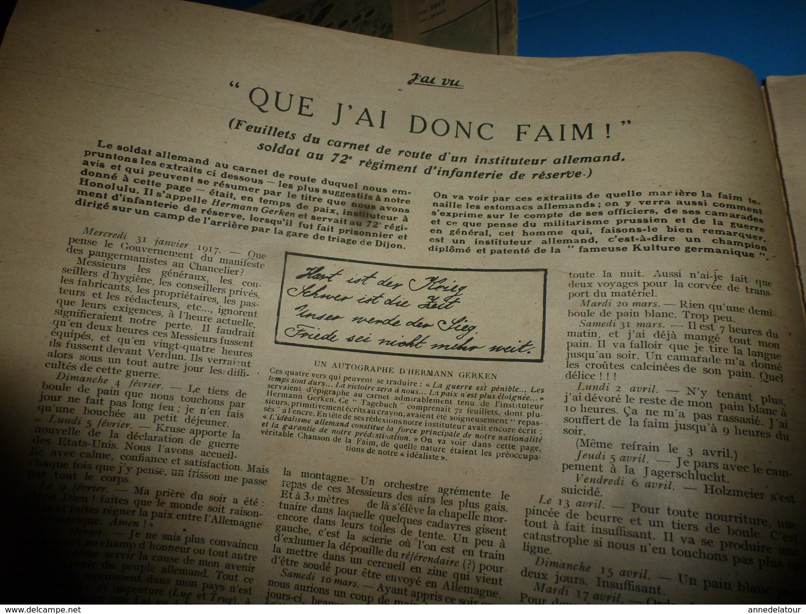 1917 J'AI VU:Dannemarie;QUE J'AI DONC FAIM (Carnet De Route De L'instituteur All.Hermann Gerken);Zouaves-Langemarck;etc - Français