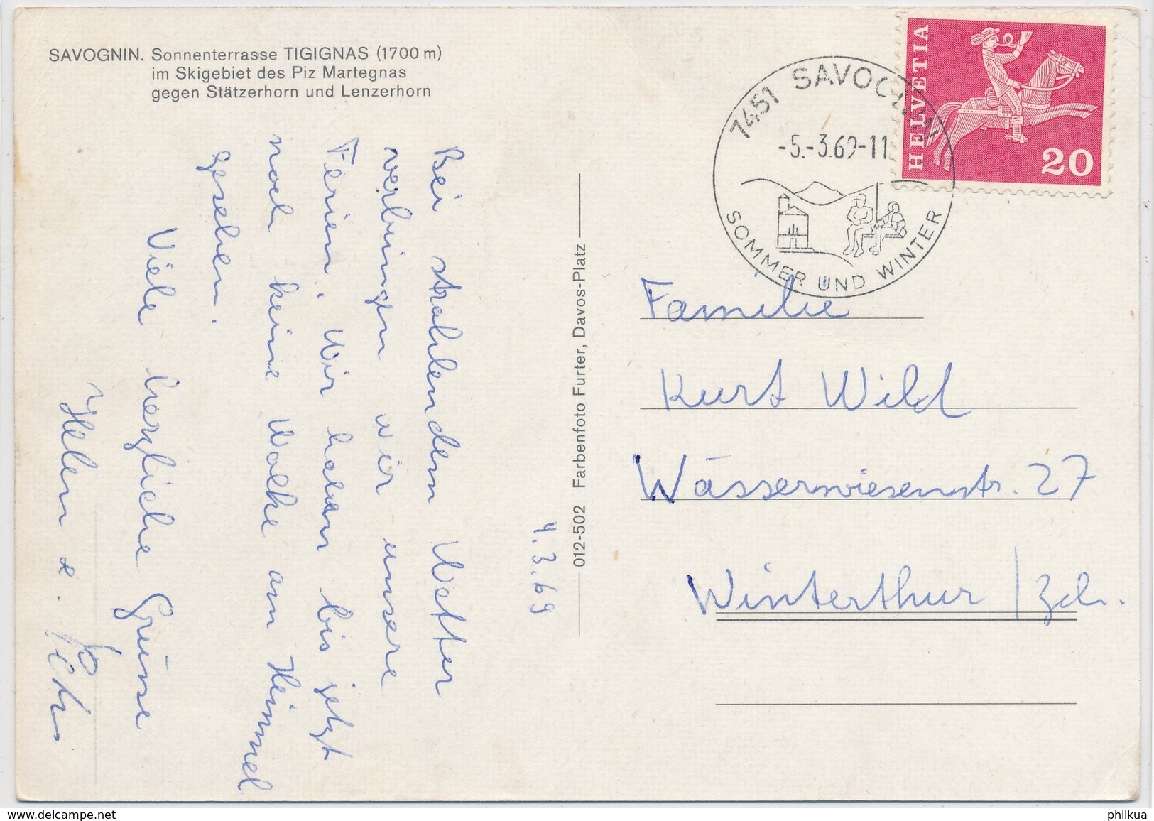 1969 - Savognin - Sonnenterrasse Tigignas Im Skigebiet Martegnas - Mit K-Stempel Savognin - Gelaufen - Savognin