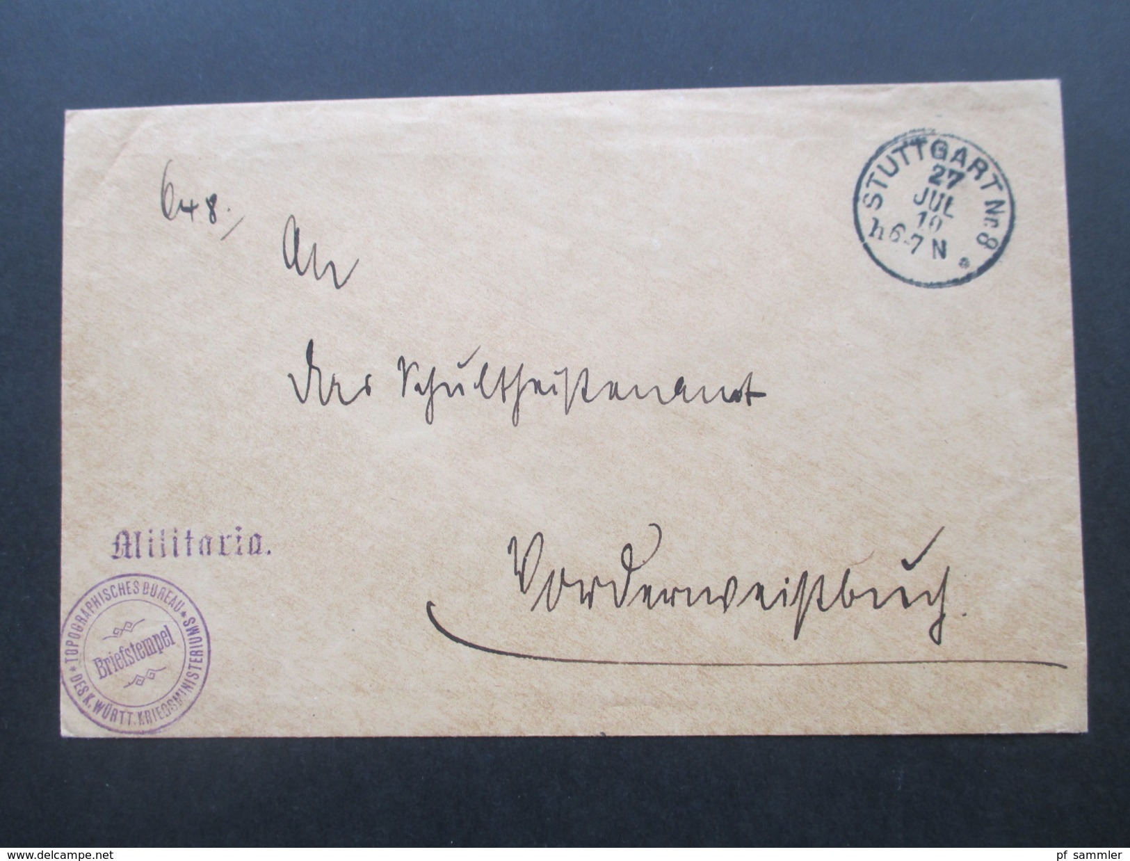 AD Württemberg 1910 Dienstpost / Militärpost Militaria. Topographisches Bureau Des K. Württ. Ministeriums.Stuttgart Nr.8 - Briefe U. Dokumente