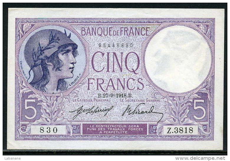 83-France Billet De 5 Francs 1918 B Z3818 Spl - 5 F 1917-1940 ''Violet''