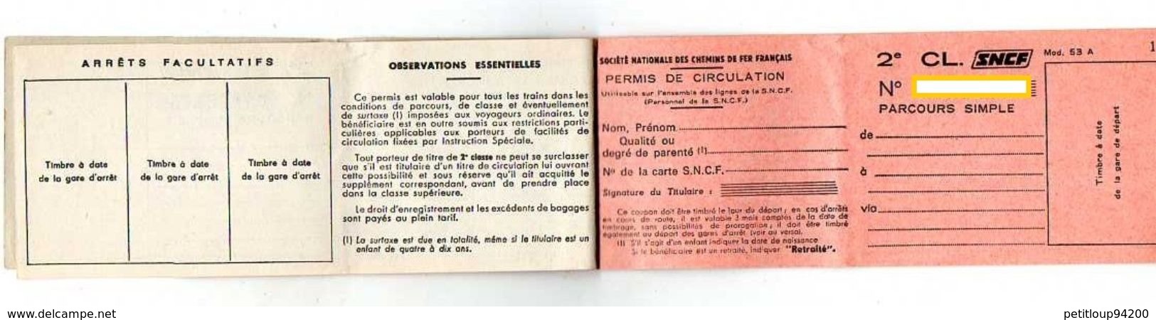 FASCICULE DE PERMIS Permis De Circulation  2e CL.SNCF - Europe