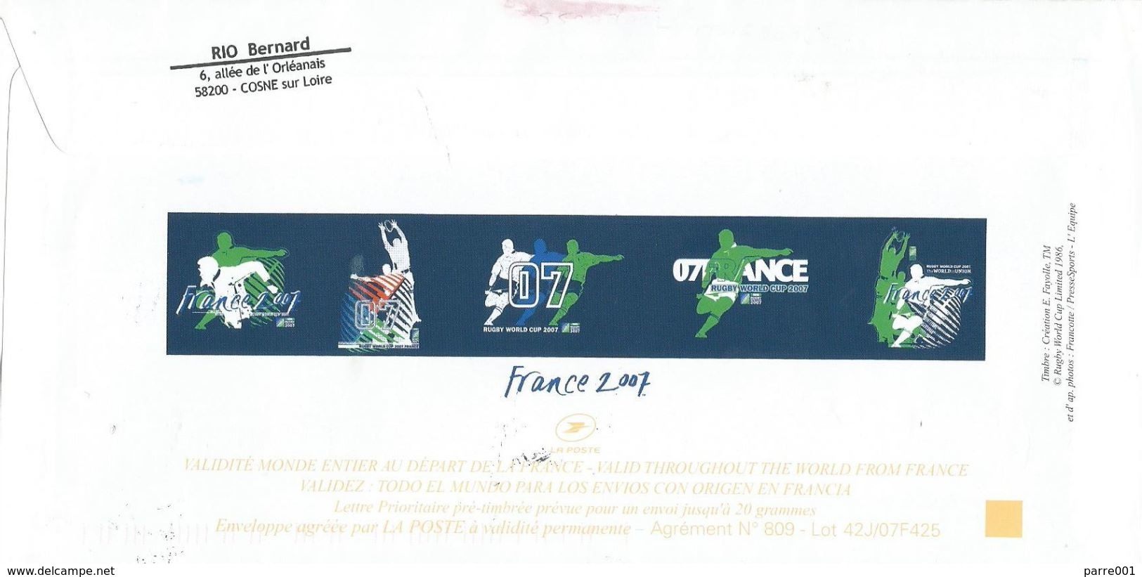 France 2007 World Cup Rugby Postal Stationary Cover - Rugby