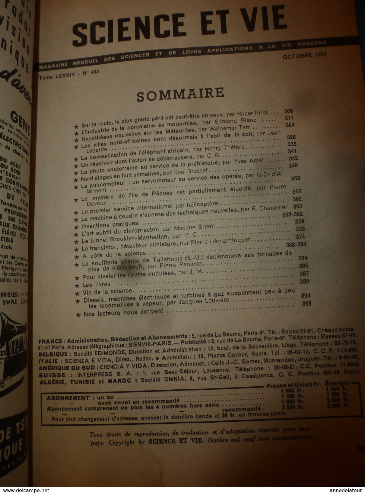 1953 SCIENCE Et VIE  N° 433 ---> Mystère De L'ile De Paques; Le Tunnel Brooklyn-Manhattan; Etc - Science