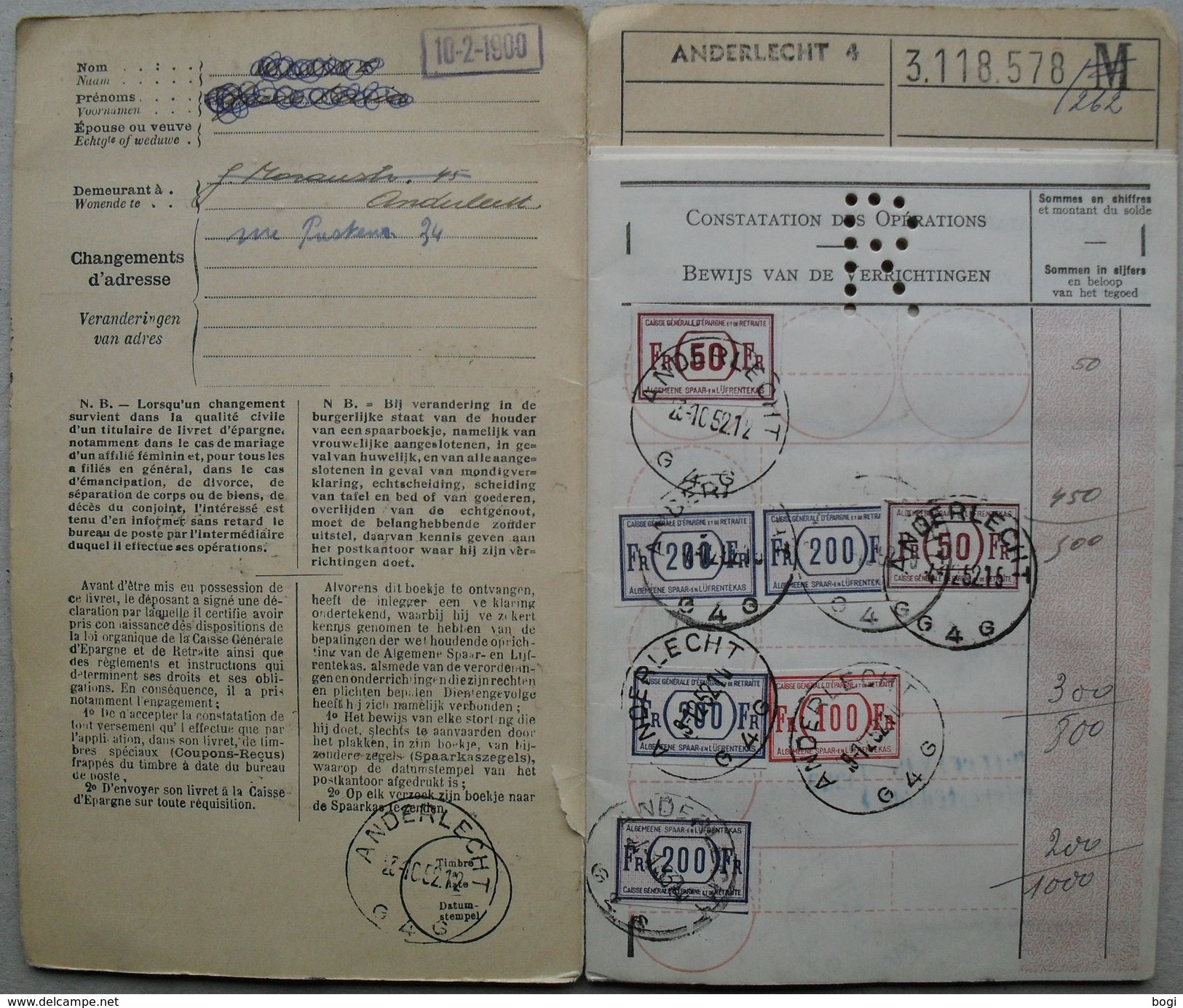 België 1952  Spaarboekje/livret D'épargne Anderlecht - Poste Rurale