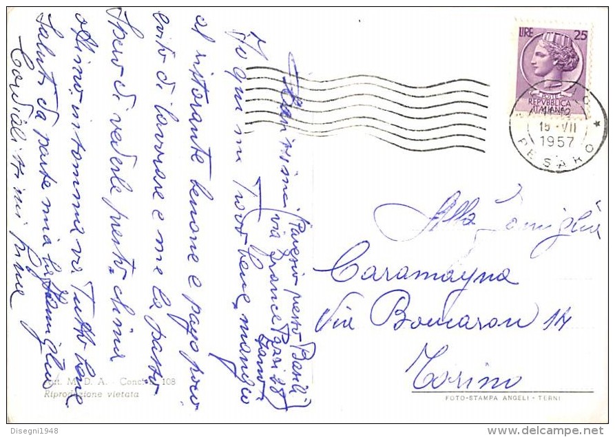 06941 "FANO - PANORAMA DALL'AEREO" ANIMATA, SPIAGGIA. CART. ILL. ORIG. SPED. 1957 - Fano