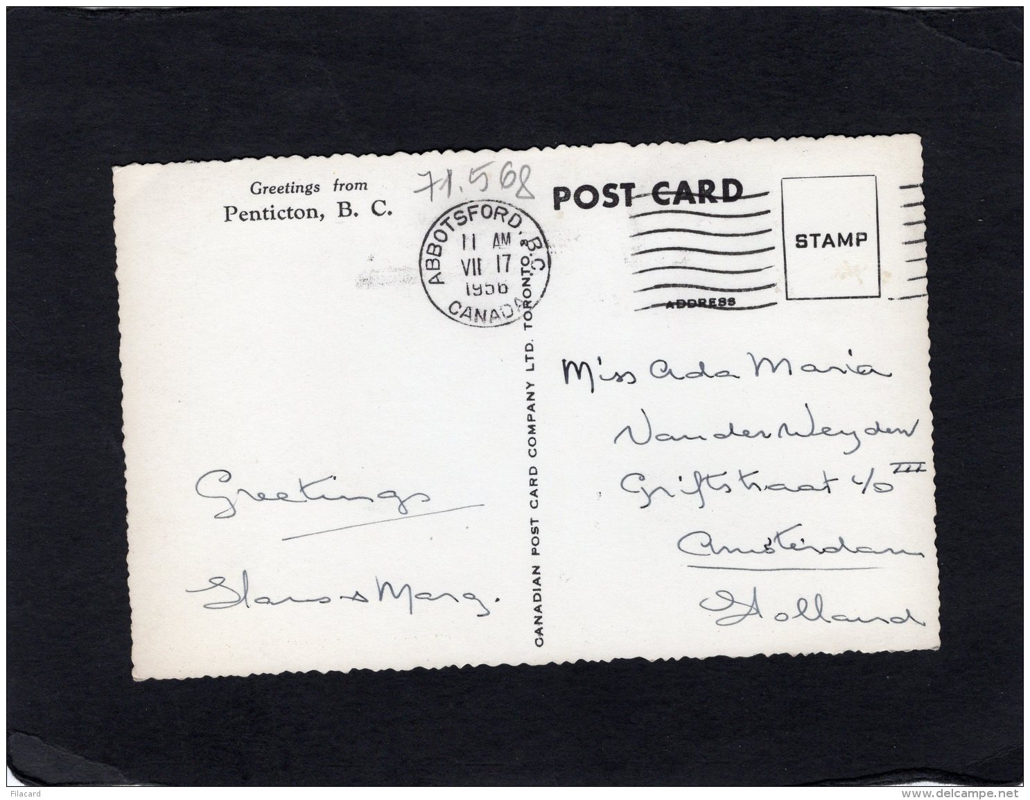 71568     Canada,  Greetings From  Penticton,  B. C.,  VGSB  1956 - Penticton