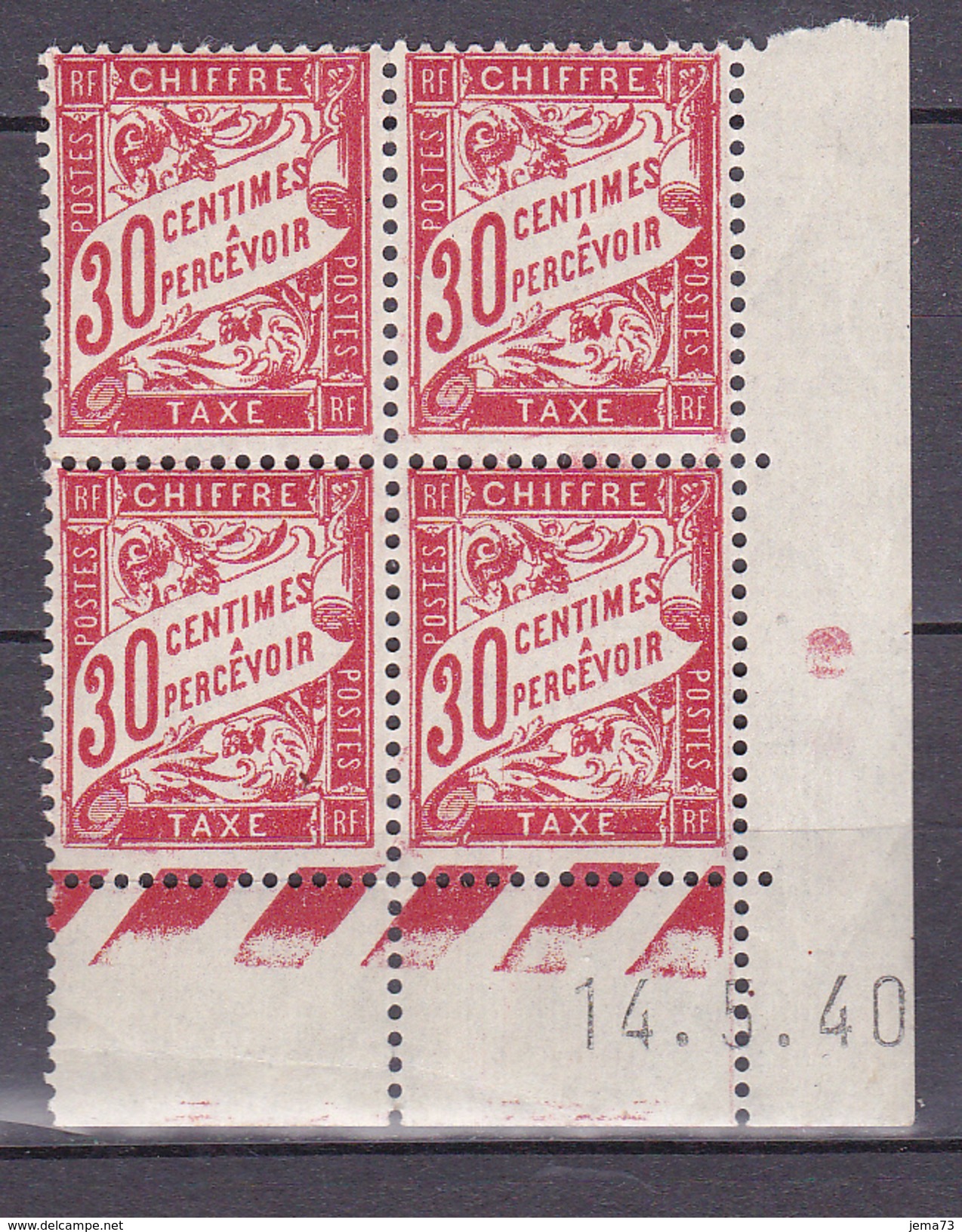 N° 33 Taxes Coins Datés  14.5.40 30c Rouge Carmin Neuf Impeccable - Taxe