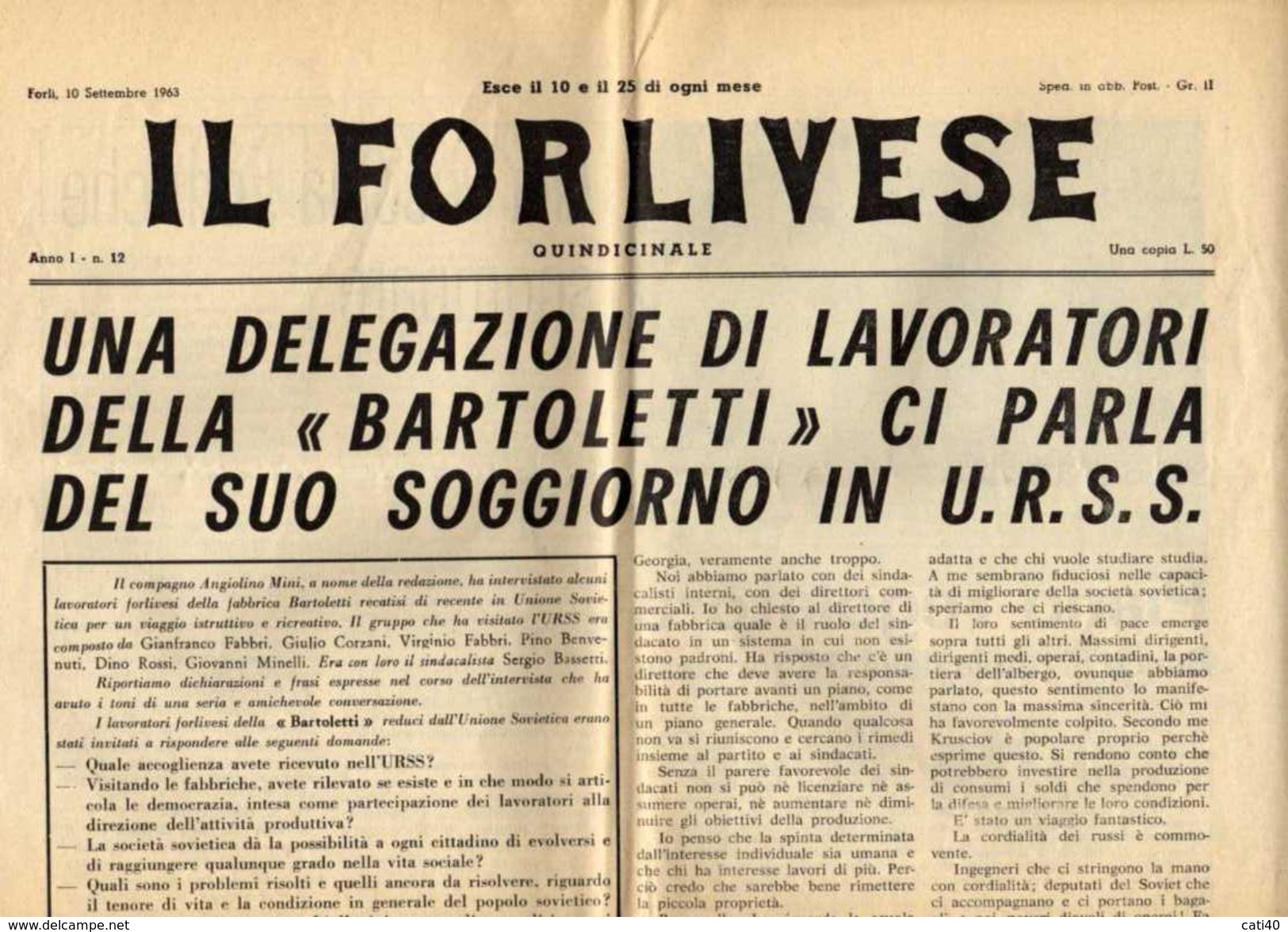 IL FORLIVESE Quindicinale  Del 10/9/63 DELEGAZIONE DELLA BARTOLETTI PARLA DEL SOGGIORNO IN RUSSIA U.R.S.S....... - Wissenschaften