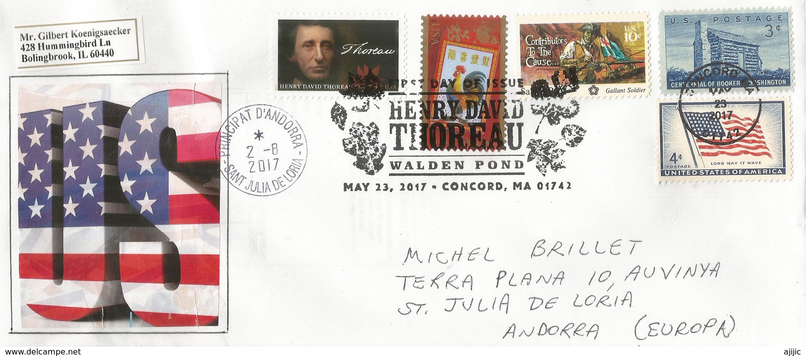 Philosophe,naturaliste Et Poète Henry David Thoreau, FDC 2017 Adressé ANDORRA,avec Timbre à Date Arrivée - 2011-...