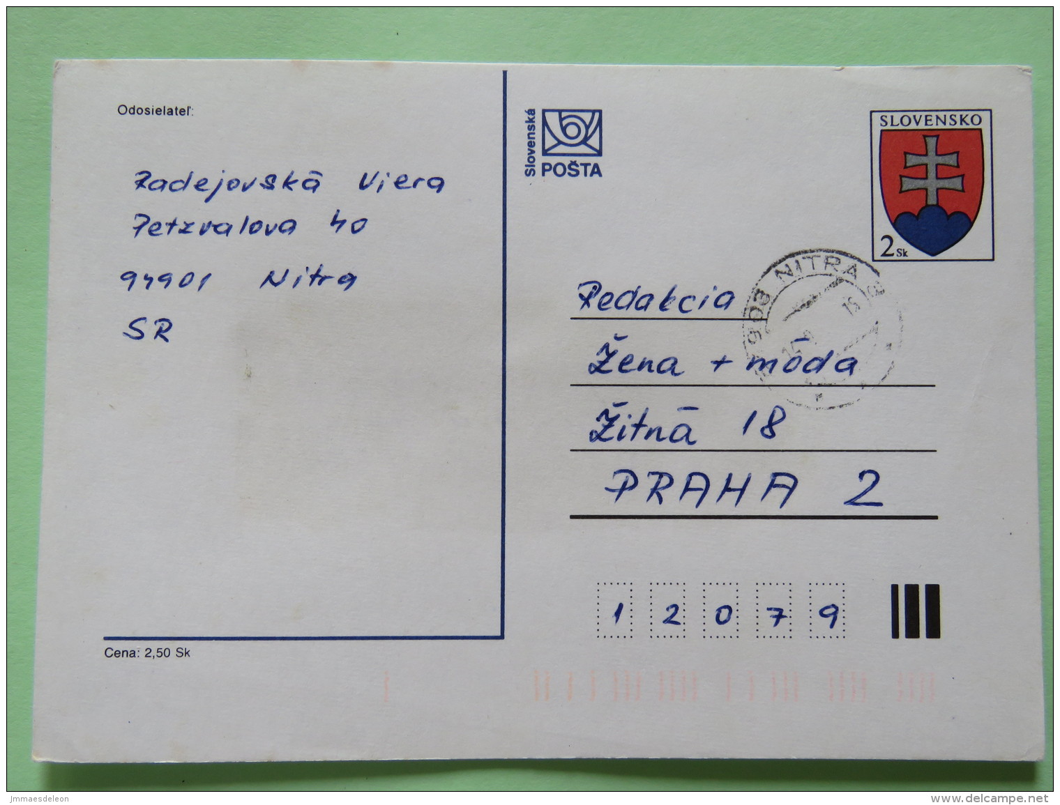 Slovakia 1993 Stationery Postcard Nitra To Prague - Arms - Lettres & Documents