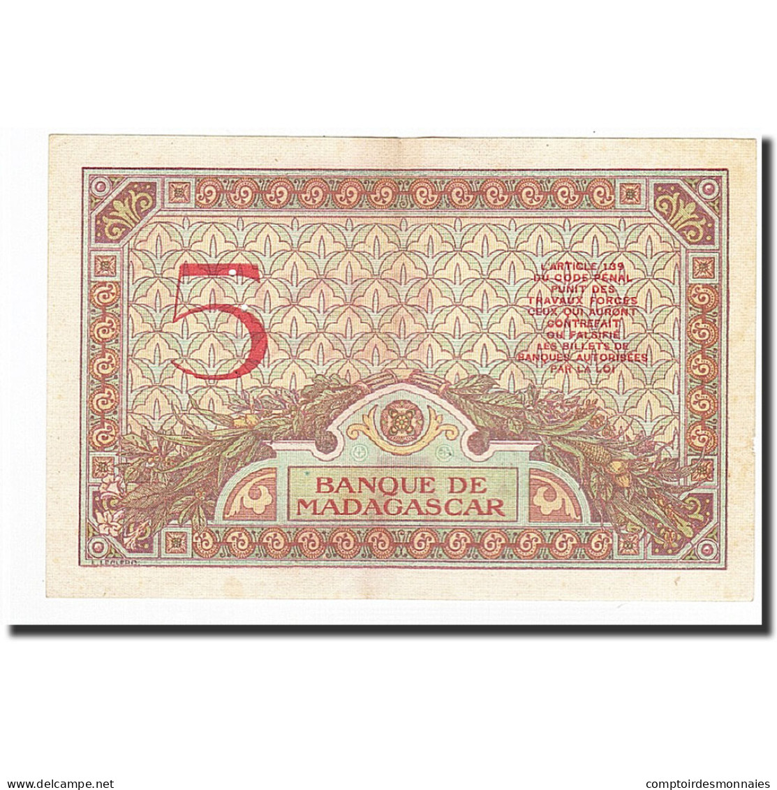 Billet, Madagascar, 5 Francs, Undated (1937), KM:35, SUP+ - Madagascar