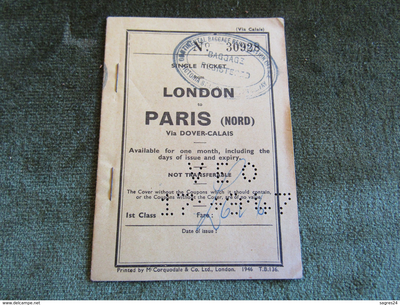 Single Ticket London To Paris (Nord) Via Dover-Calais 1st Class 1947 - Europa