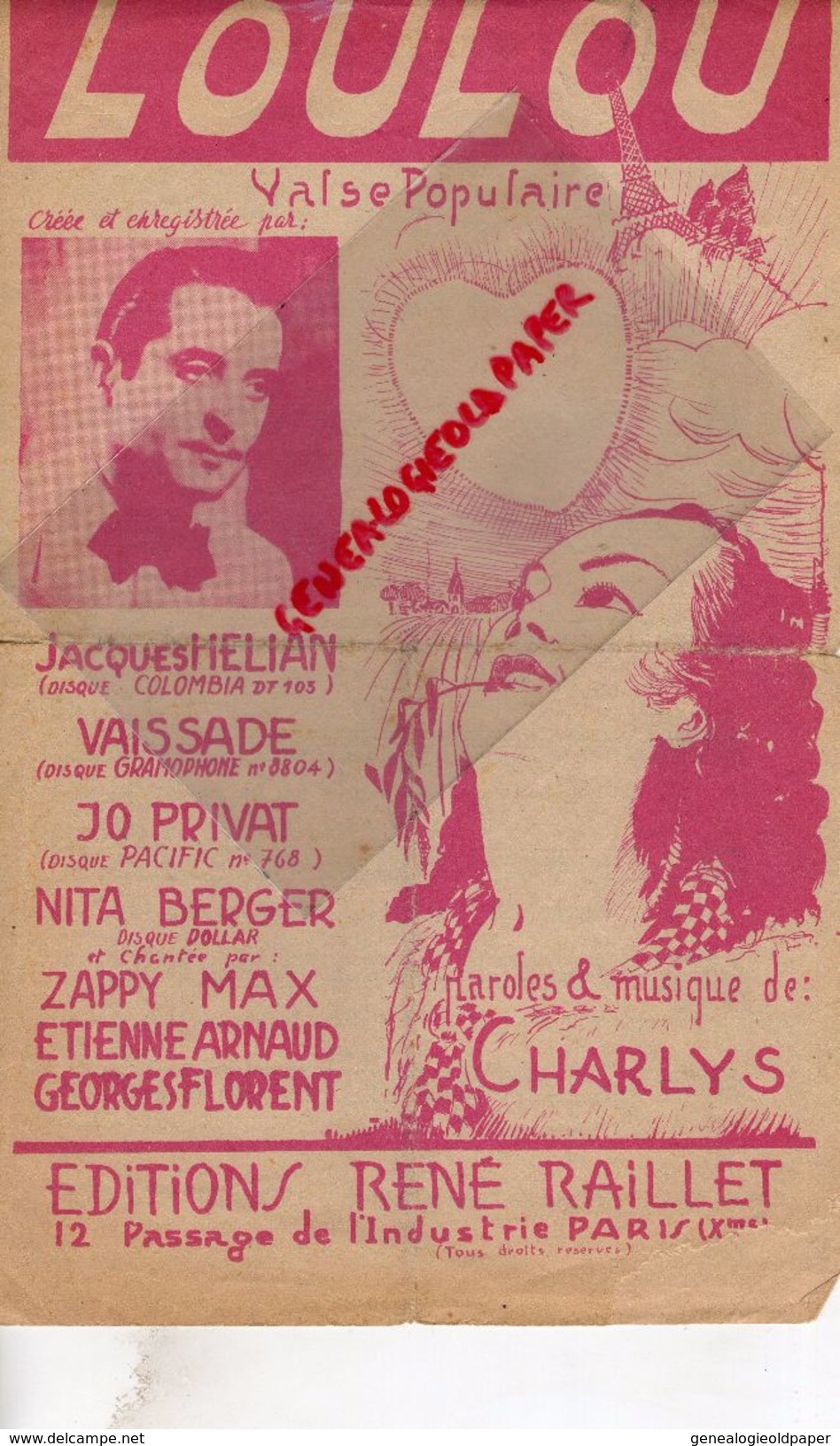 PARTITION MUSICALE- LOULOU- VALSE-JACQUES HELIAN-VAISSADE-NITA BERGER-CHARLYS-JO PRIVAT-ZAPPY MAX-RENE RAILLET PARIS - Partitions Musicales Anciennes