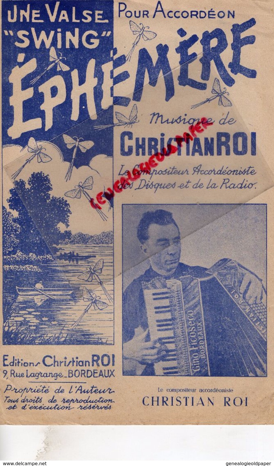 33-BORDEAUX-PARTITION MUSICALE- EDITIONS CHRISTIAN ROI-9 RUE LAGRANGE-ACCORDEON GINO FICOSECO-FICOSECCO--VALSE EPHEMERE - Partitions Musicales Anciennes