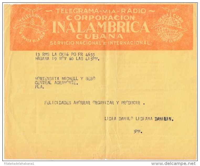 TELEG-222 CUBA (LG-1238) TELEGRAMA CORPORACION INALAMBRICA RADIO 1960. TELEGRAFO TELEGRAPH. - Telegraphenmarken