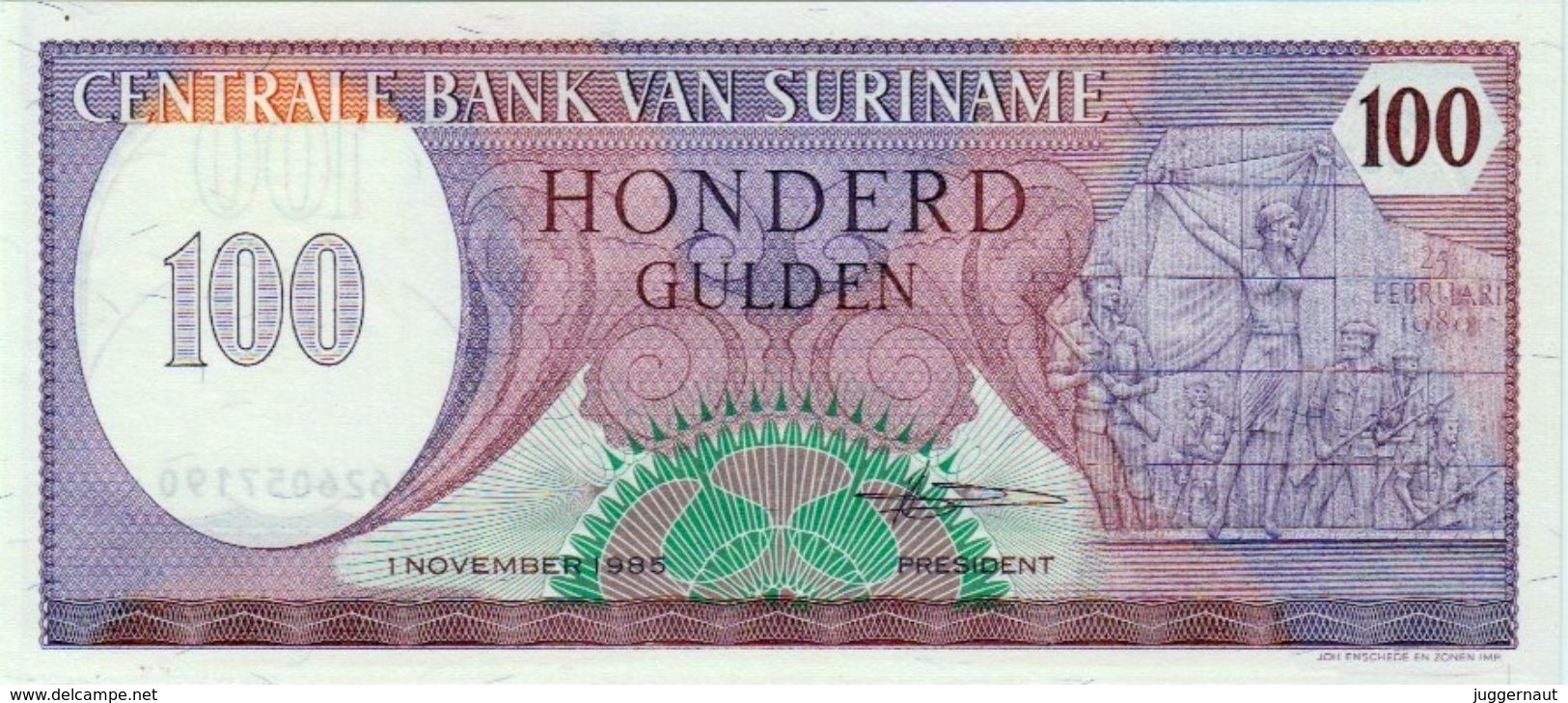 SURINAM 100 GULDEN BANKNOTE 1985 AD PICK NO.128 UNCIRCULATED UNC - Surinam