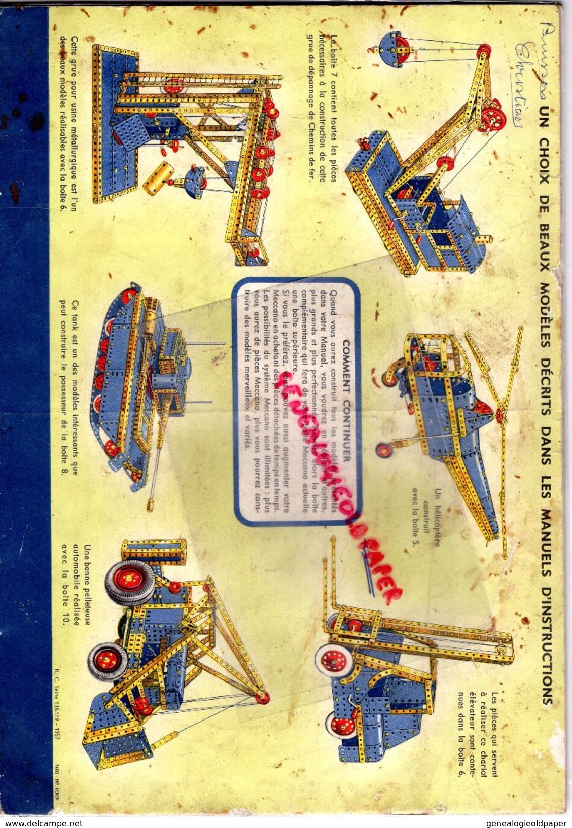 MECCANO - CATALOGUE MANUEL 1 - 1957 GRUE-TRAMWAY-MANEGE-MOULIN VENT-CAMION-EOLIENNE-BALANCOIRE-FORGERON - Meccano