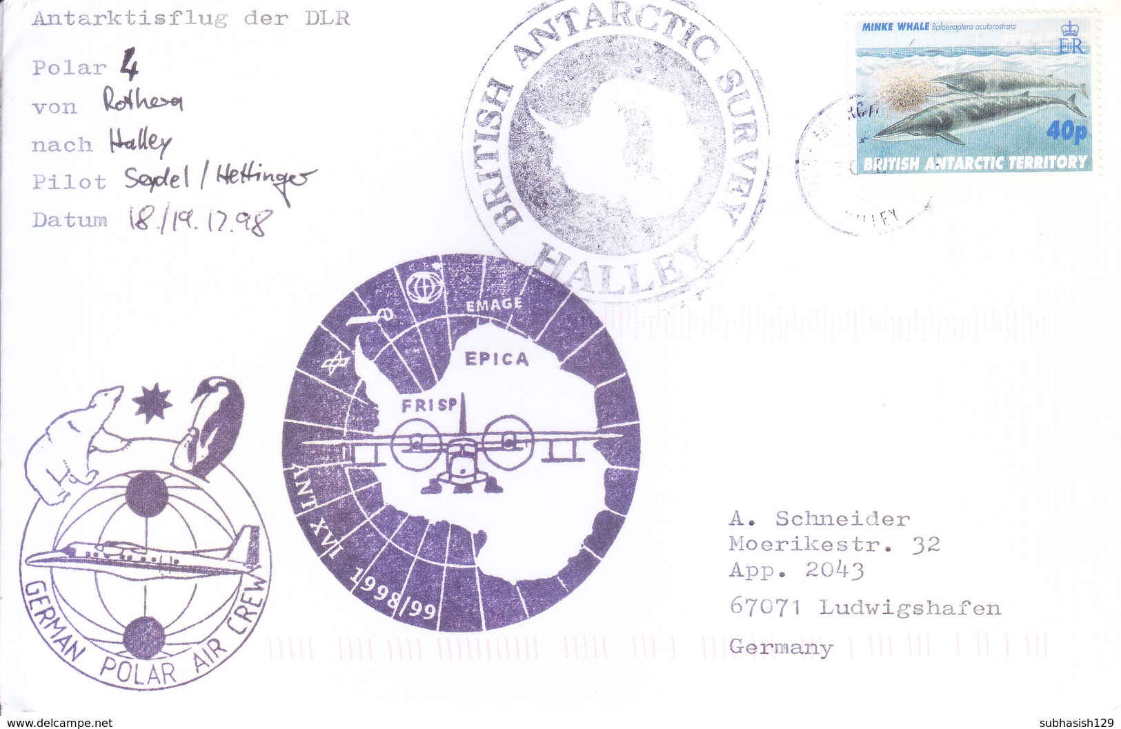 BRITISH ANTARCTIC TERRITORY 1998 COVER - HALLEY, BRITISH ANTARCTIC SURVEY, GERMAN POLAR AIR CREW - Covers & Documents