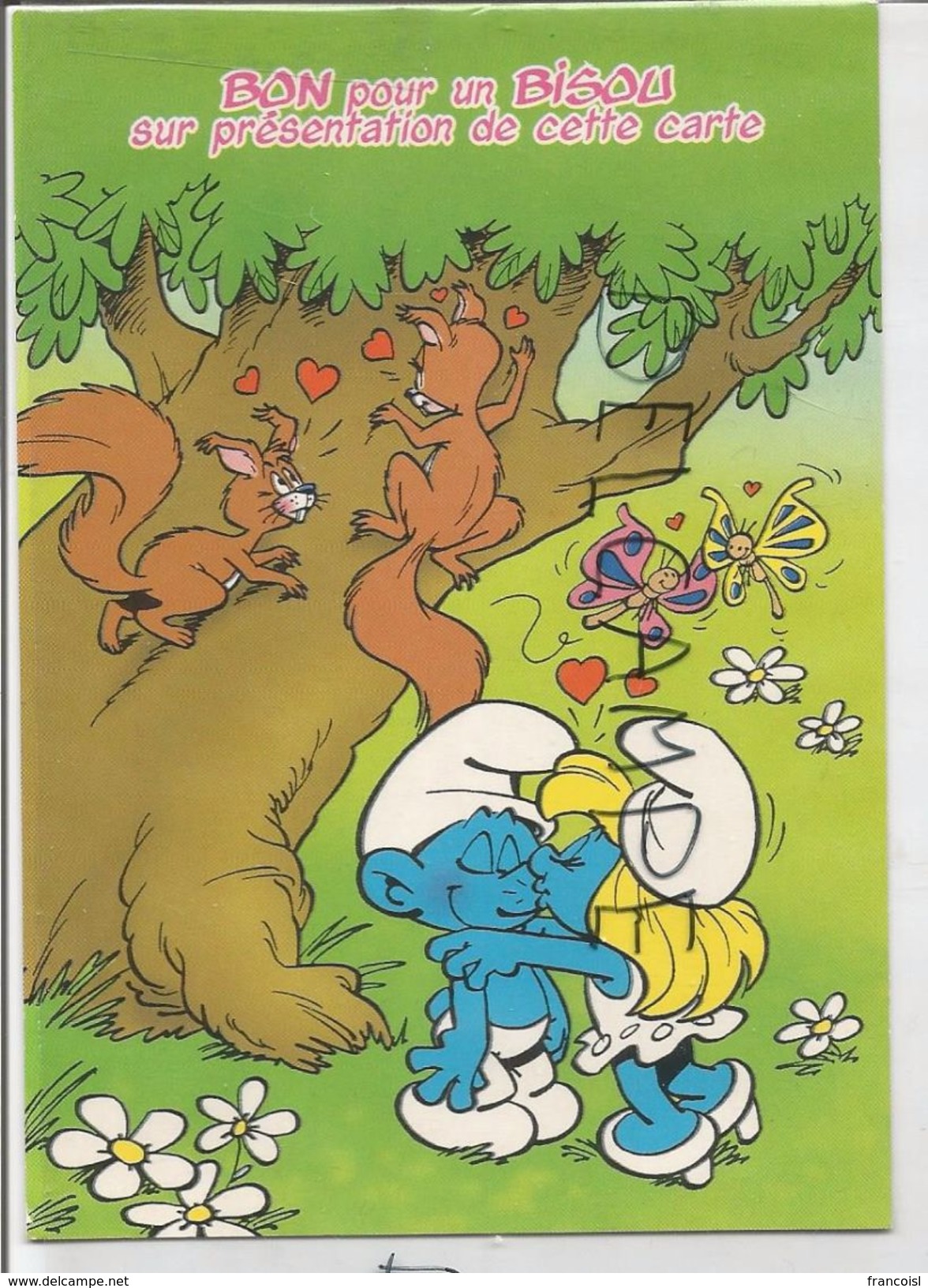 Les Schtroumpfs De Peyo. "Bon Pour Un Bisou" . Schtroumpf Et Schtroumpfette. Ecureuils Et Papillons. - Johan Et Pirlouit