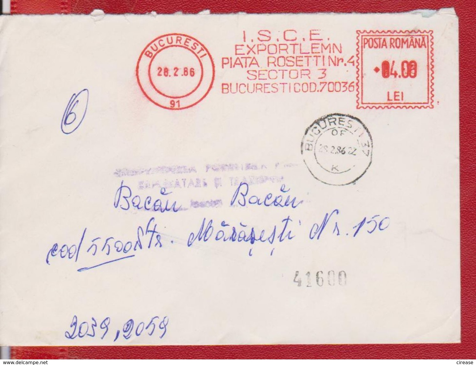 POSTAL HISTORY COVER, WITH MACHINE RED STAMP EXPORT WOOD FOREST TREE ROMANIA COVER - Automatenmarken [ATM]