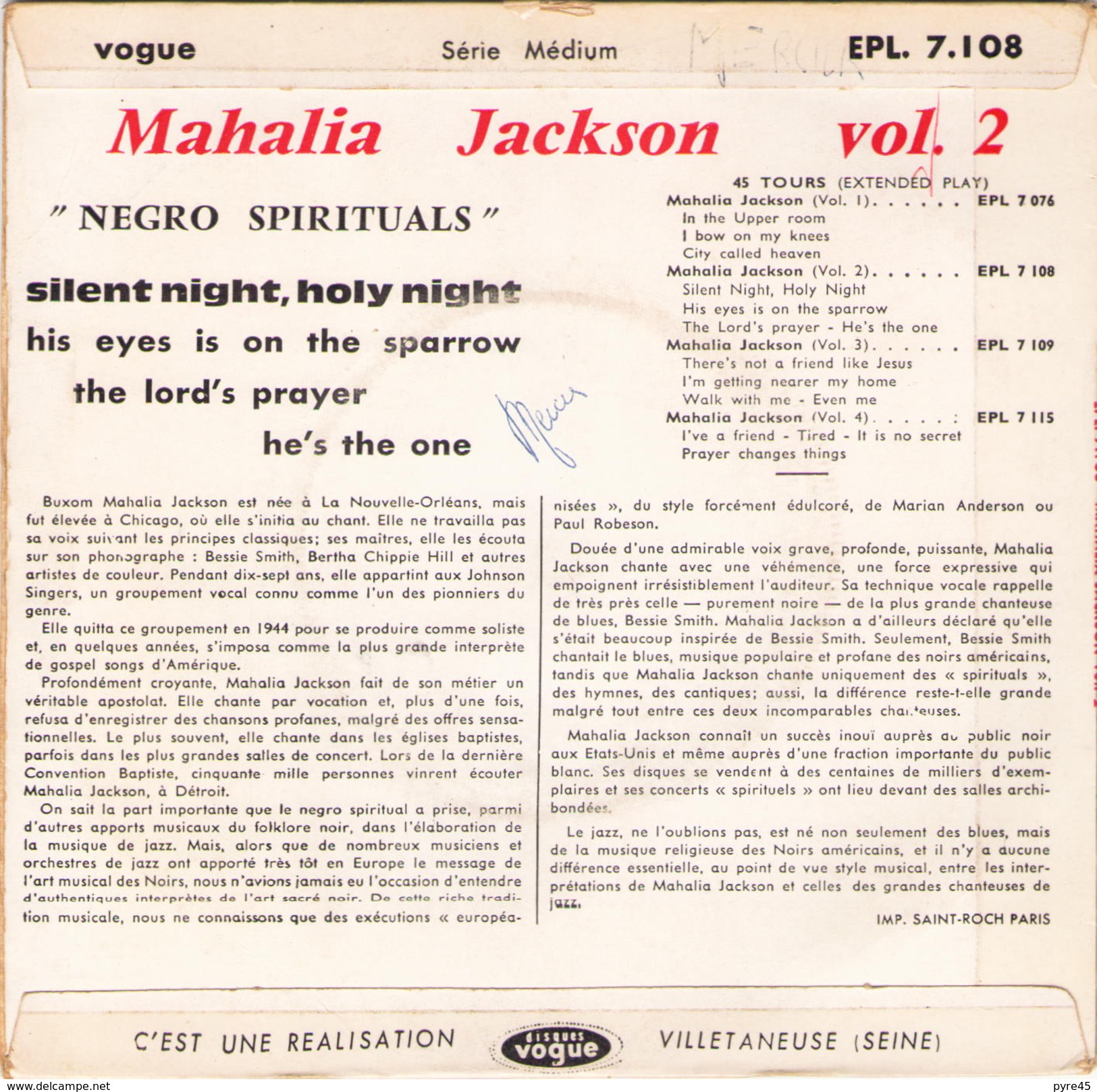 45 TOURS MAHALIA JACKSON VOGUE 7108 SILENT NIGHT HOLY NIGHT / HIS EYES IN ON THE SPARROW / THE LORD S PRAYER +1 - Gospel & Religiöser Gesang