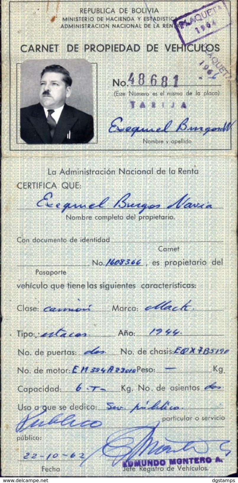 Bolivia 1962. Carnet De Propiedad De Vehiculos. Patentes. CARD OF PROPERTY OF VEHICLES # 48681. PATENT REGISTRATION - Auto's