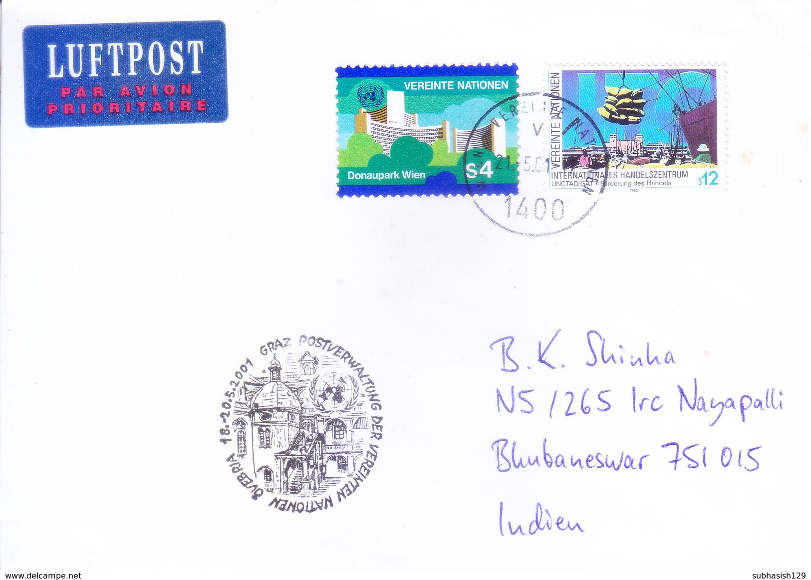 UNITED NATIONALS, GENEVA 2001 COMMERCIAL COVER - POSTED FROM VIENNA FOR INDIA - Lettres & Documents