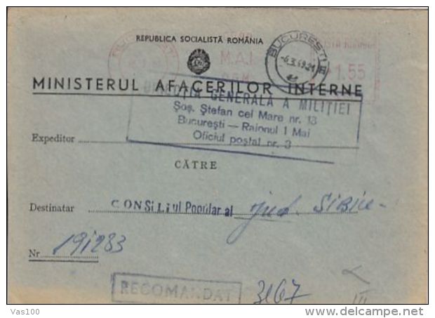 AMOUNT 1.55, MINISTRY OF INTERIOR, BUCHAREST, RED MACHINE STAMPS ON COVER, 1969, ROMANIA - Storia Postale