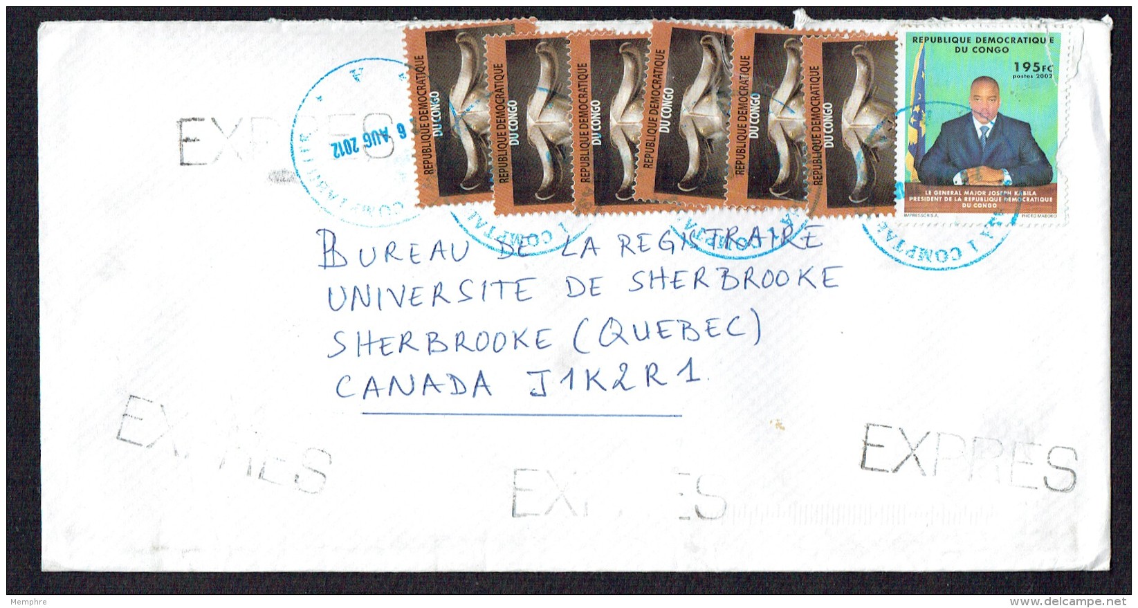 2012  Lettre EXPRÈS  Pour Le Canada  Président Kabila 195 Fr , Masque De Buffle 10 Fr X 6 - Lettres