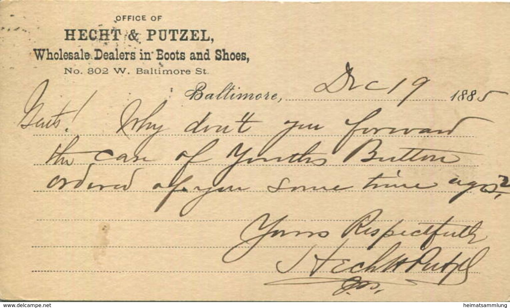 USA - Postkarte Mit Zudruck - Hecht & Putzel - Wholesale Dealers In Boots And Shoest - Ganzsache Gel. 1885 - ...-1900